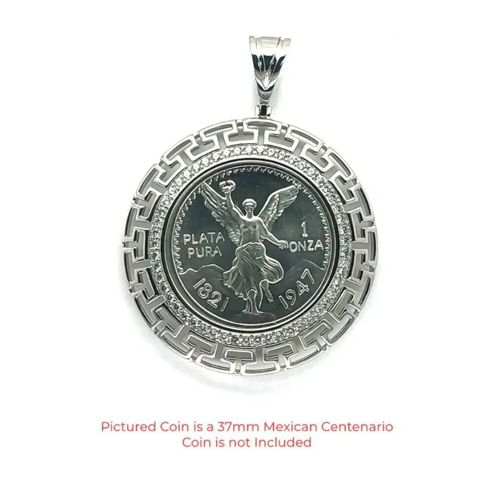 Rhodium Plated 925 Sterling Silver Centenario Bezel Aztec Clear CZ Pendant
